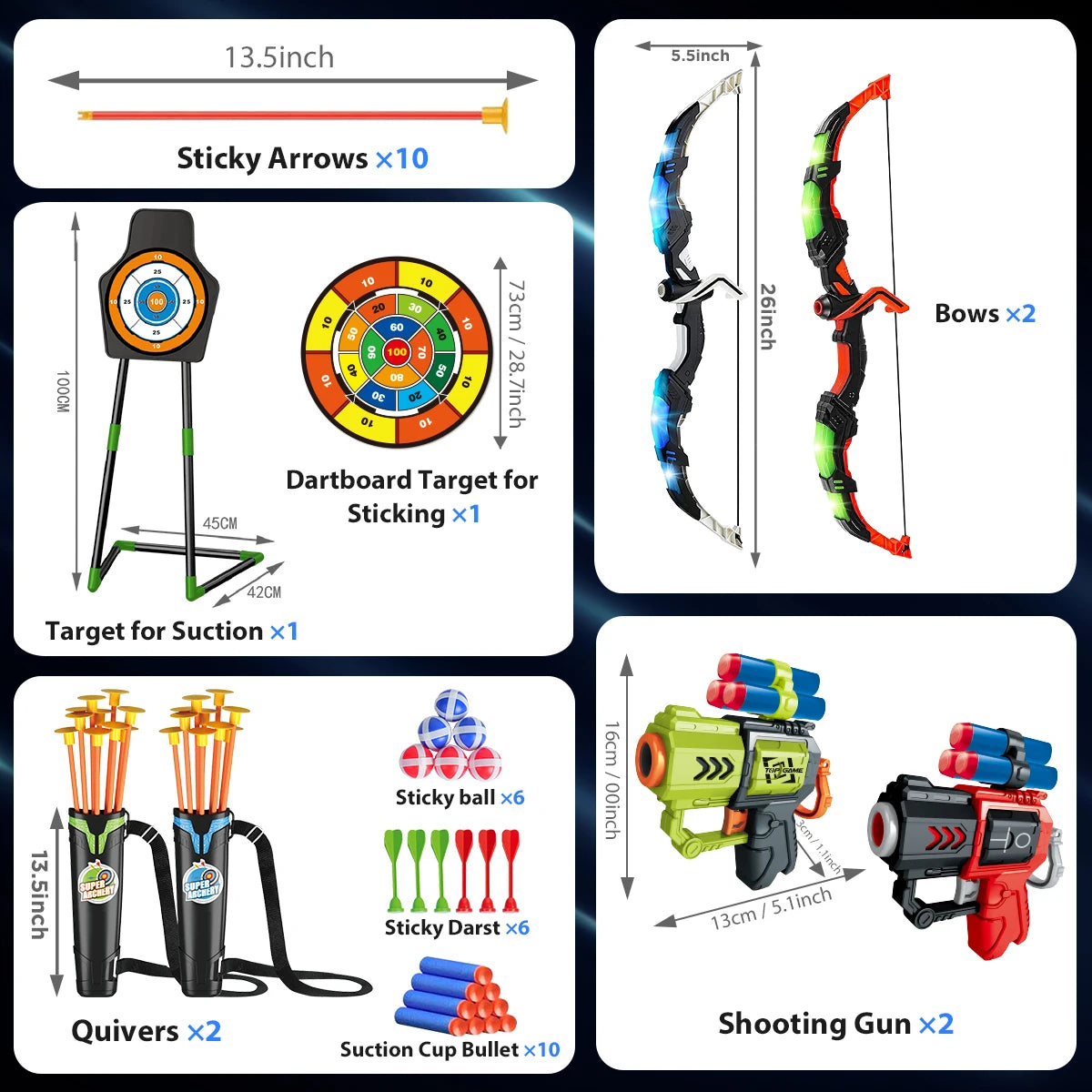 2X Bow Arrow + Guns Night-Light Toy Set