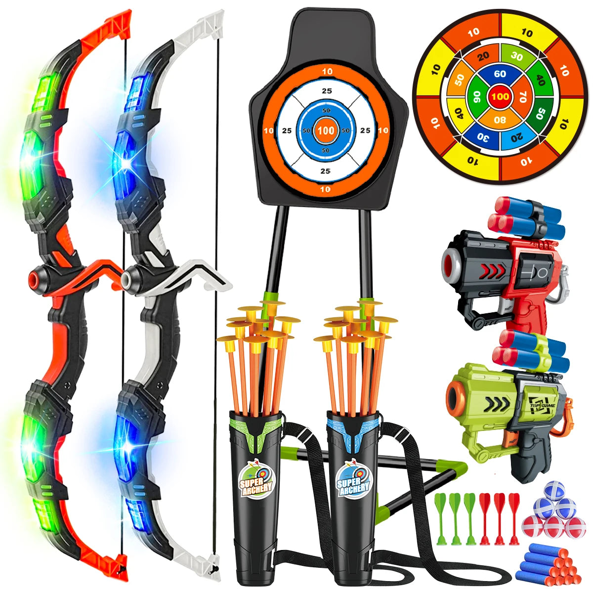 2X Bow Arrow + Guns Night-Light Toy Set