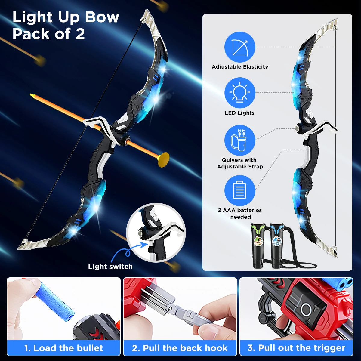 2X Bow Arrow + Guns Night-Light Toy Set